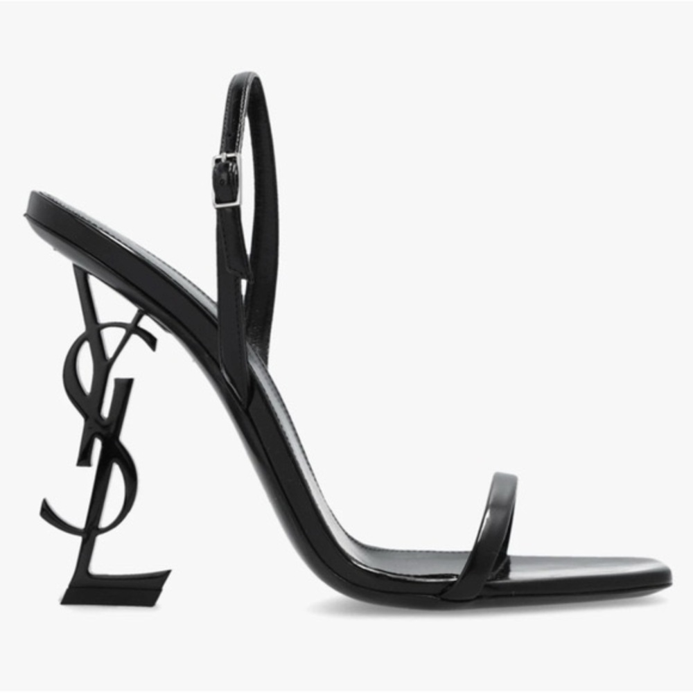 Authentic Saint Laurent Opyum Black Logo Heel Leather Slingback Sandals Heels 39